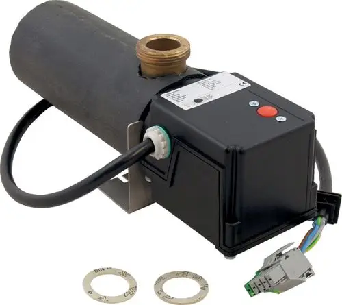 Elektroheizung von Wolf mit einem zylindrischen Gehäuse und elektrischen Anschlusskabeln. Enthält Montagehalterung und zwei Unterlegscheiben.